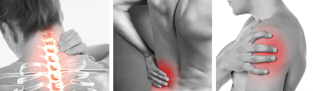 Collage Highlighting Neck Pain, Lower Back Pain, And Shoulder Pain